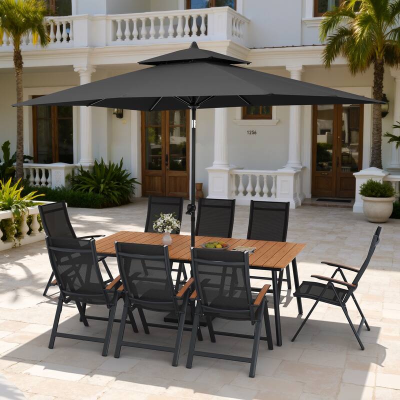 11PC Outdoor Patio Dining Set Wood-Like Aluminum Umbrella Hole Table with Folding Chairs,Double Top Market Umbrella and Base - BrownTable&BlackChairs&BlackUmbrella