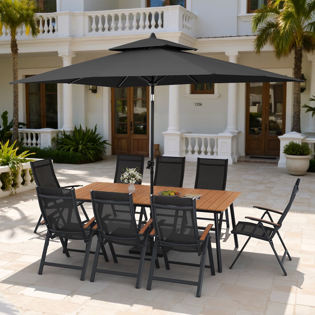 11PC Outdoor Patio Dining Set Wood-Like Aluminum Umbrella Hole Table with Folding Chairs,Double Top Market Umbrella and Base