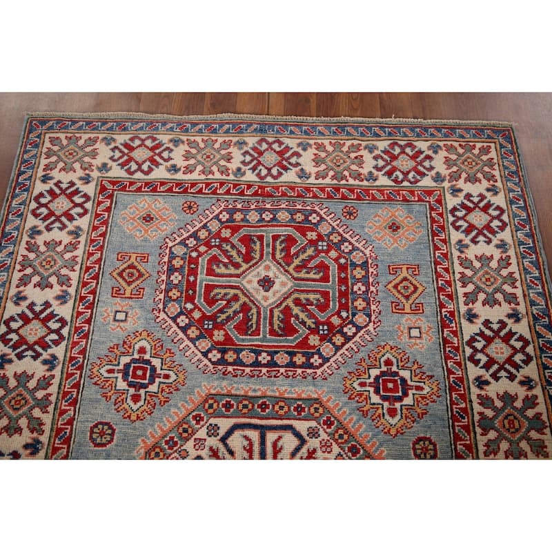 Blue Geometric Kazak Accent Rug Hand-Knotted Wool Carpet - 4'1" x 5'10"