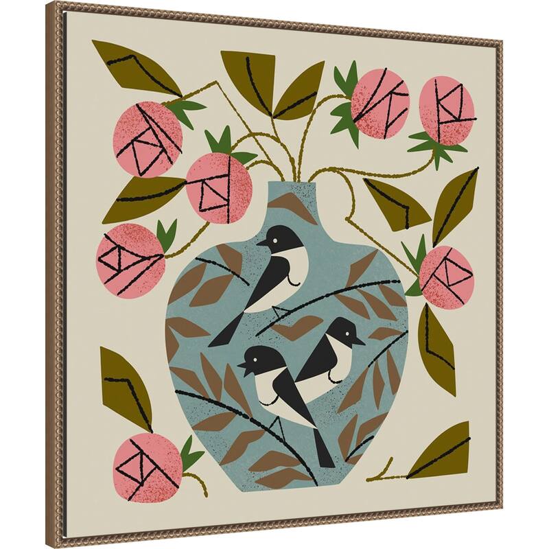 Three Bird Rose Vase by Renea l. Thull Framed Canvas Wall Art Print