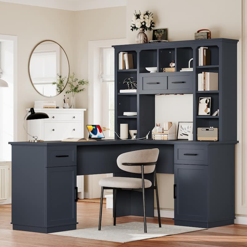 Large Bookcase Desk 2-in-1 Computer Desk L-shape Computer Armoire - Antique Blue