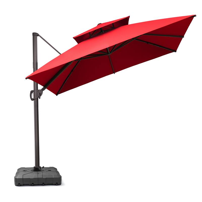 11 x 11 FT Outdoor Patio Cantilever Umbrella with Crank and 360 Degrees Rotation - Red - with Base