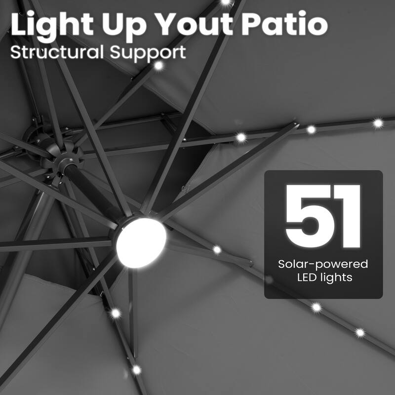 12 x 9 FT Outdoor Patio Cantilever Umbrella with Solar Lights Double Canopy 360 Rotation Tilt