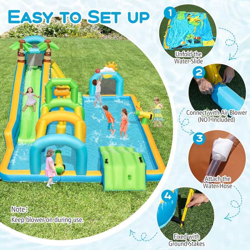 Large Outdoor Inflatable Water Park Slide with Climbing Ramp Basketball Hoop and Ring Toss for Kids