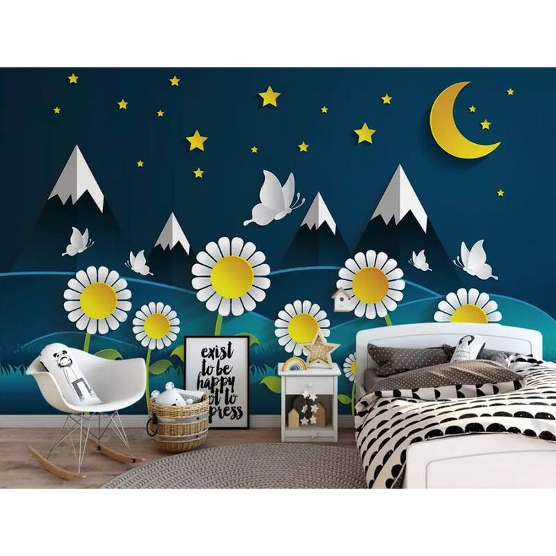 GK Wall Design Kids Cartoon Nightscape Daisy and Mountain Removable Wallpaper