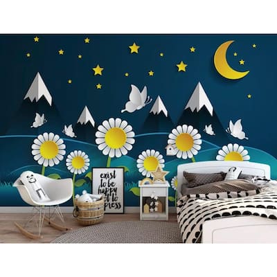 GK Wall Design Kids Cartoon Nightscape Daisy and Mountain Removable Wallpaper