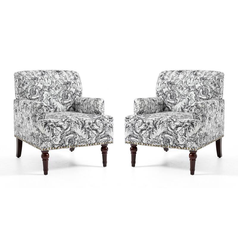 Set 2 Striped Upholstered Linen Armchair with Brass Nailhead Trim