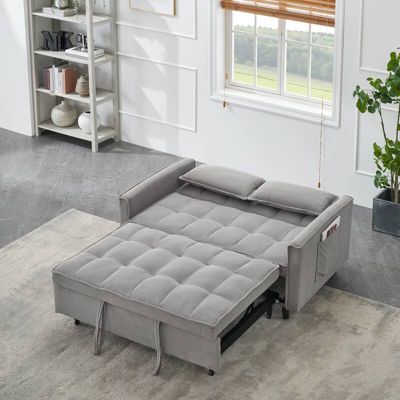 Corduroy Pull Out Loveseat Sofa Convertible Sleeper Love Seat Bed Adjustable Backrest Tufted Couch w2 Pillo & Pockets