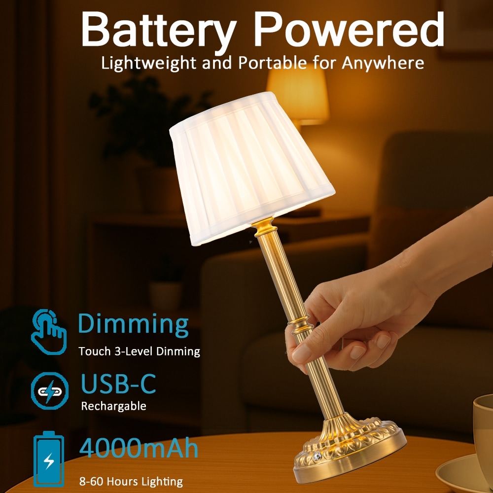 3-Way Dimmable Touch Control Rechargeable Table Lamp – Cordless, Pleated Fabric Shade, Warm Gold Finish, Small LED For Bedside, Dorm, Housewarming Gift