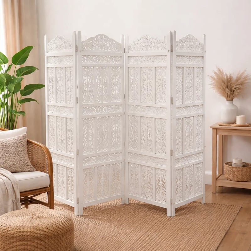 Aesthetically Carved 4 Panel Wooden Partition Screen/Room Divider, Distressed White