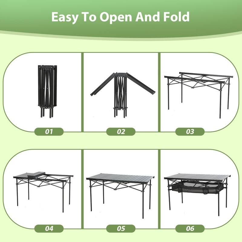 Lightweight Aluminum Camping Table with Roll-Up Top, Mesh Storage, Cup Holders & Carry Bag for Outdoor BBQ, Picnic, Sports