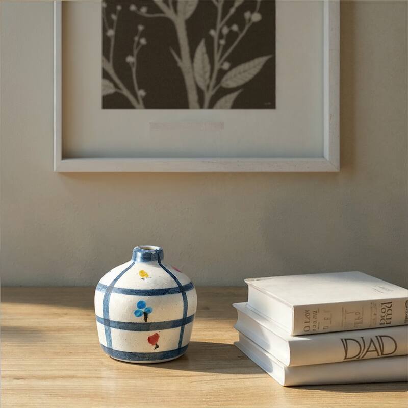 Hand-Painted Terra-cotta Urn with Flowers and Grid Pattern in Crackle Glaze - Multicolor - 3.5"L x 3.5"W x 3.75"H