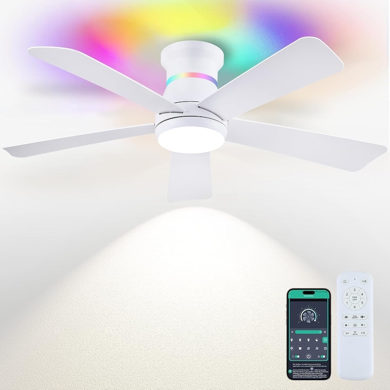Kviflon 46 Inches RGB Flush Mount Ceiling Fan with Light and Remote,DC Motor,for Living Room Bedroom - 46 Inches - White
