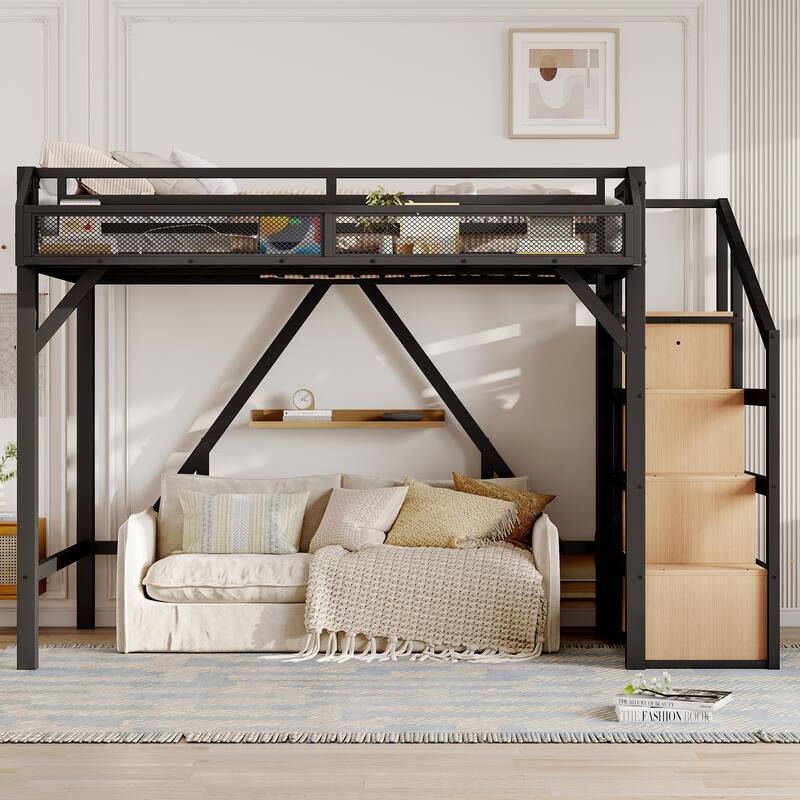 Noise-reduced Design Metal Loft Bed Frame with Storage Stairs, Shelves, Built-in Wardrobe, Light Strip and Charging Station