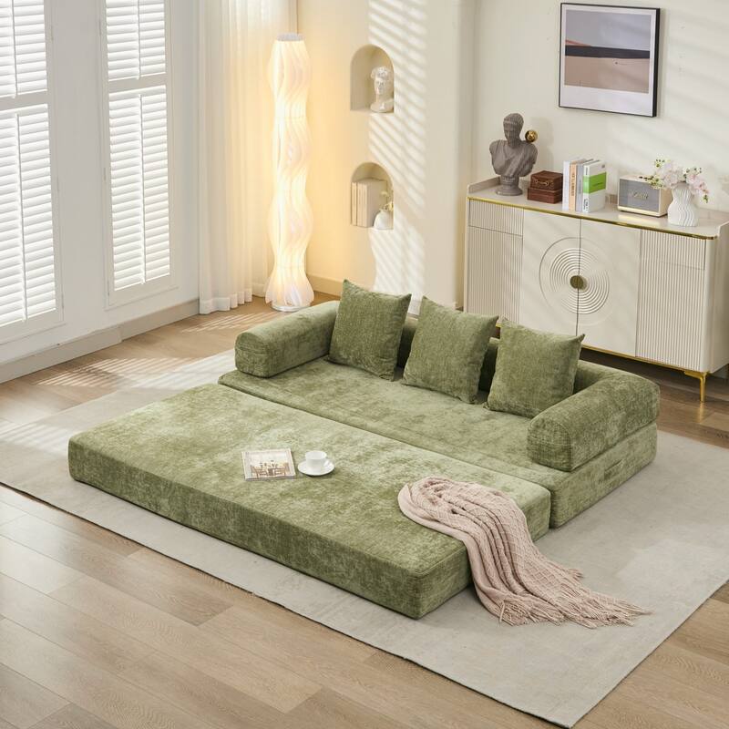 Chenille Folding Sofa Floor Sleeper Bed Chaise Lounger Couch 3-in-1 Comfy Mattress with Reversible Arm Pillows and Non-slip Pad