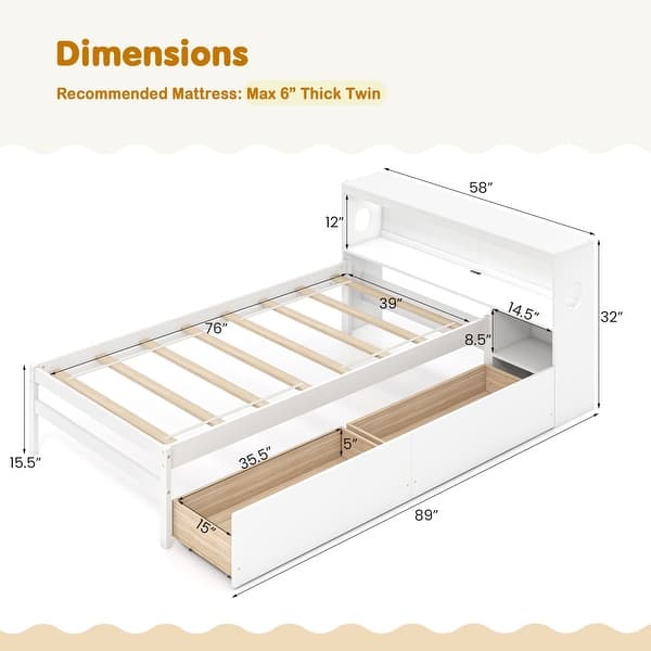 dimension image slide 0 of 2, Twin Size Bed Frame with LED Light and Bookcase Headboard