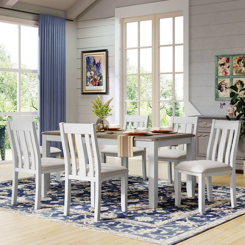 Retro Style 7 PCS Dining Table Set for 6-Extendable Table and 6 Upholstered Chairs