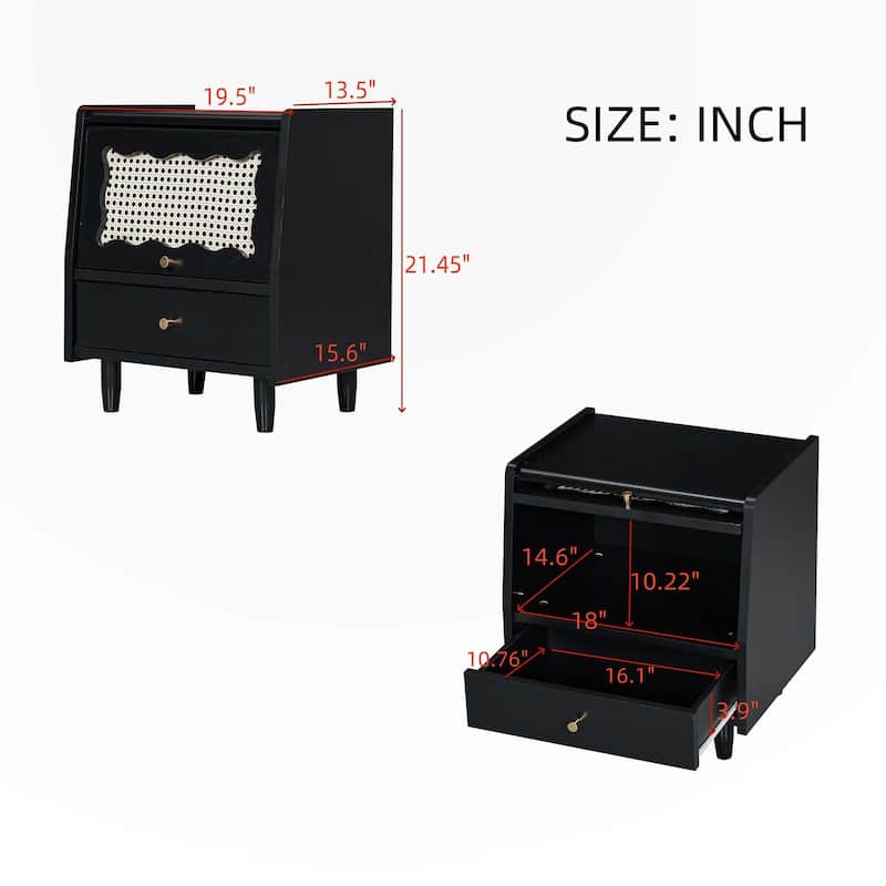 Wooden Nightstand with Rattan