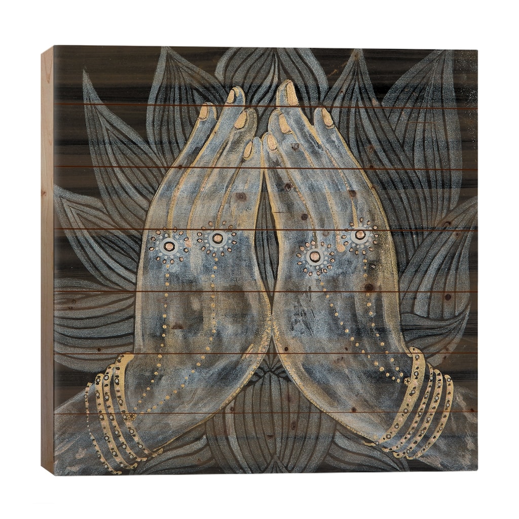 Lotus Prayer Print On Wood by Mishel Schwartz - Multi-Color