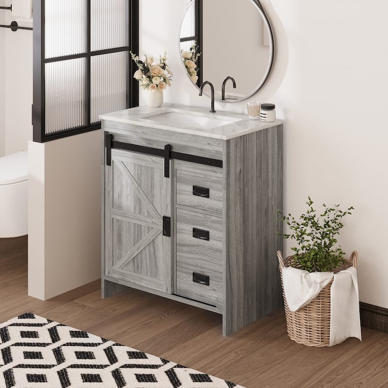 EROMMY Farmhouse Bathroom Vanity with Ceramic Top and Sliding Barn Door Sink Cabinet, Rustic Single Sink Vanity