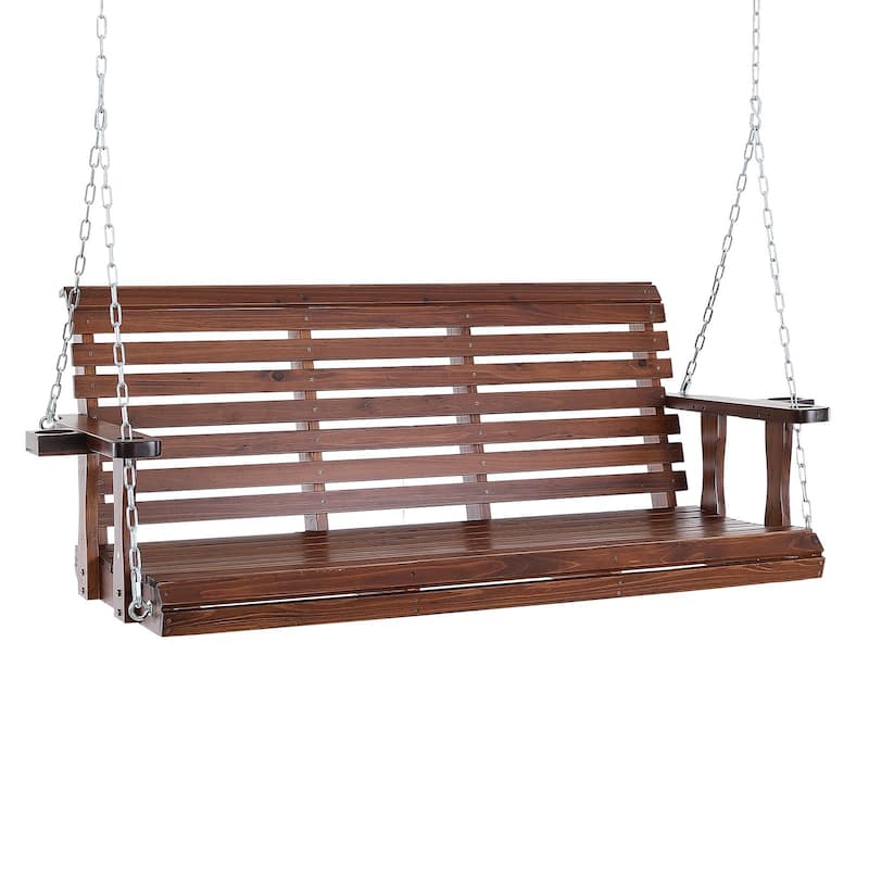 Carbonized Brown Cedar Swing with Steel Chains and Cup Holders - 67” L x 28” W x 23.6” H