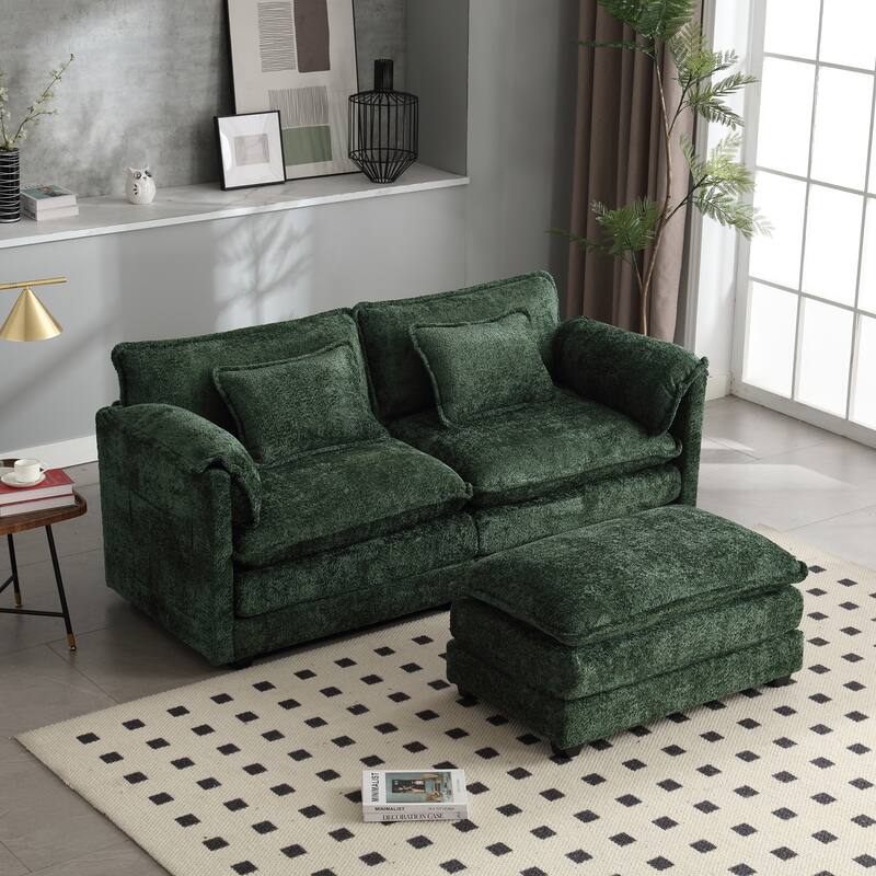 Chenille Fabric Double Sofa with High-Density Sponge Filling, Removable Armrests, and Side Storage Bags