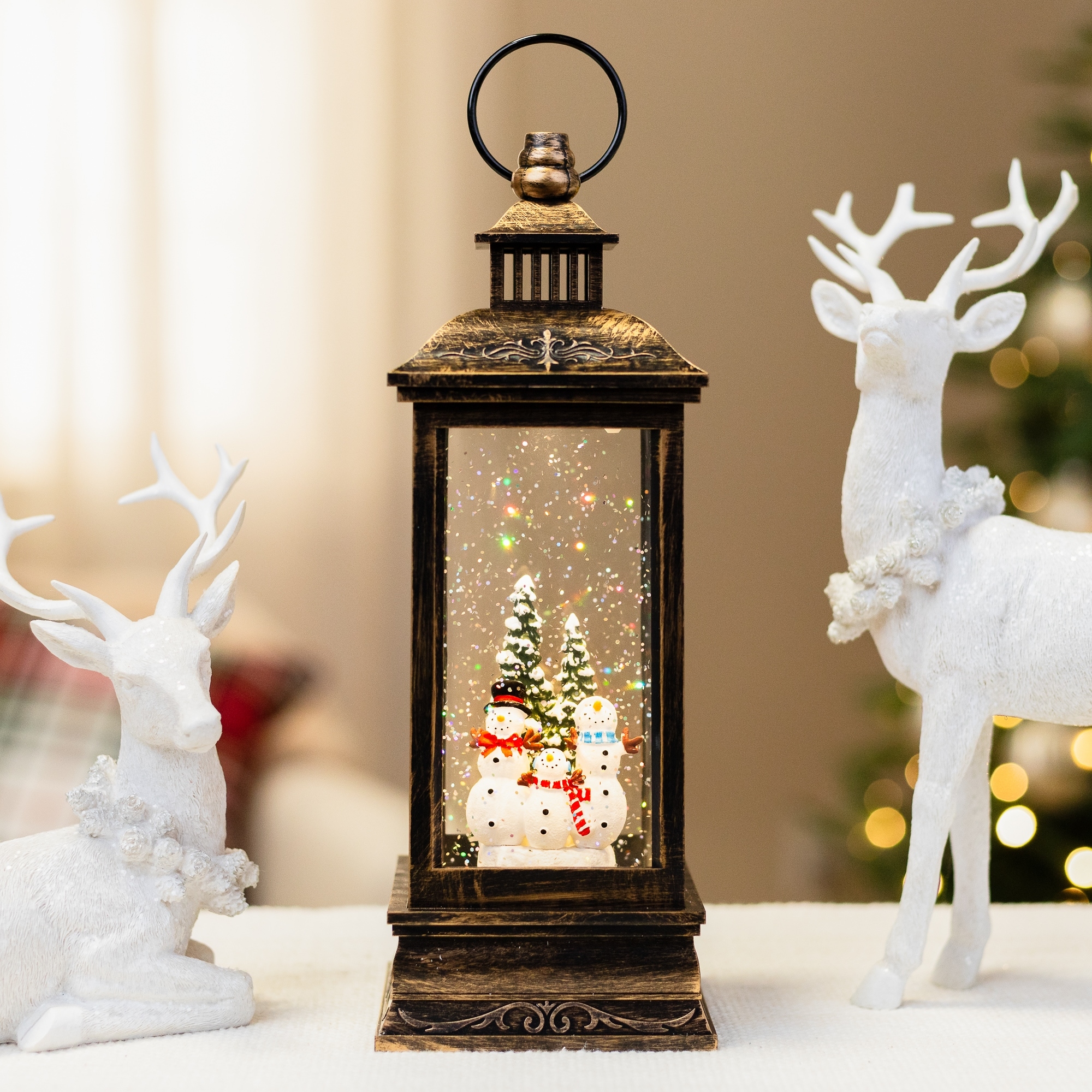 11" Black Brushed Gold LED Snowman Family Christmas Lantern Snow Globe