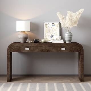 60" Wooden Entryway Table with Burl Veneer, Console Table with 2 Large Drawers and Metal Handles, Sofa Table with 2 Sturdy Legs