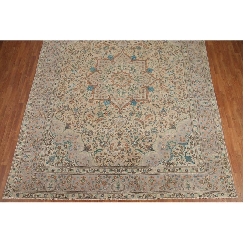 Hand Knotted Oriental 100% Wool Carpet Traditional Floral Beige & Ivories Tabriz Area Rug - 12' 8'' X 9' 8''