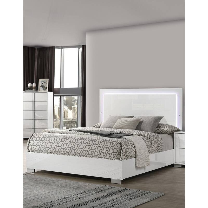 Contemporary White LED King Size Bed with Chrome Legs and UV Finish - White