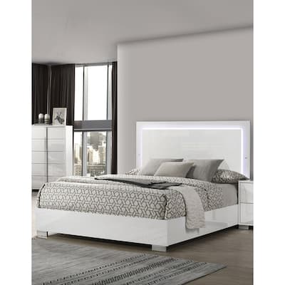 Queen Size Bed with LED-Illuminated Headboard, Sleek UV Finish, Chrome Legs and Vertical Handle Accents