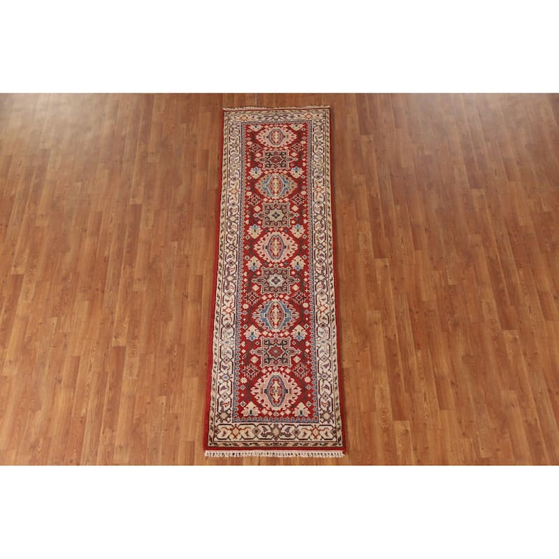 Geometric Red Kazak Indian Runner Rug Handmade Wool Carpet - 2'5"x 7'10"