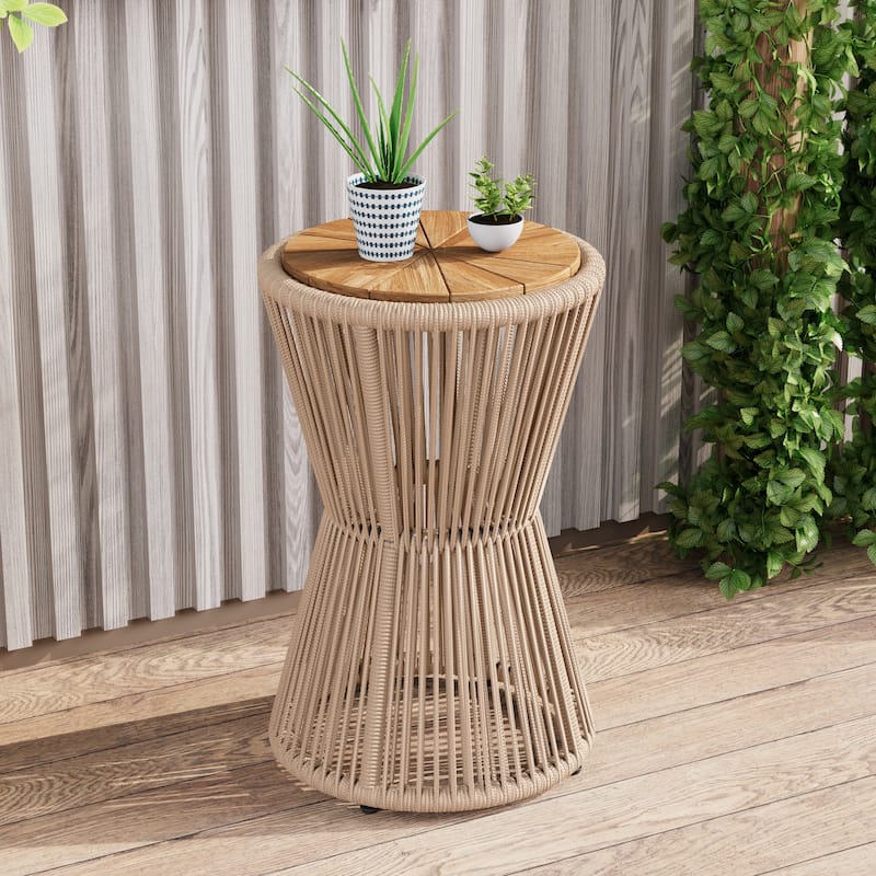 Scott Living - Nara 25.8"H Modern Outdoor Acacia Wood and Woven Rope Side Table, Tapered Cylindrical Silhouettes Design