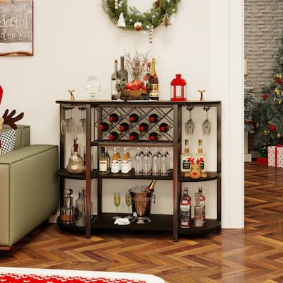 4-Tier Coffee Wine Bar Cabinet with LED Lights,Wine Bottle & Glass Rack