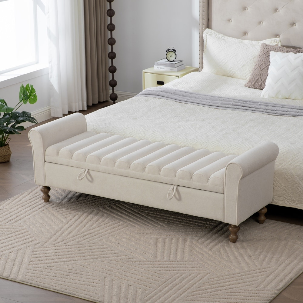 65.6"W Upholstered Storage Bench With Rolled Armrest, Rubberwood Legs