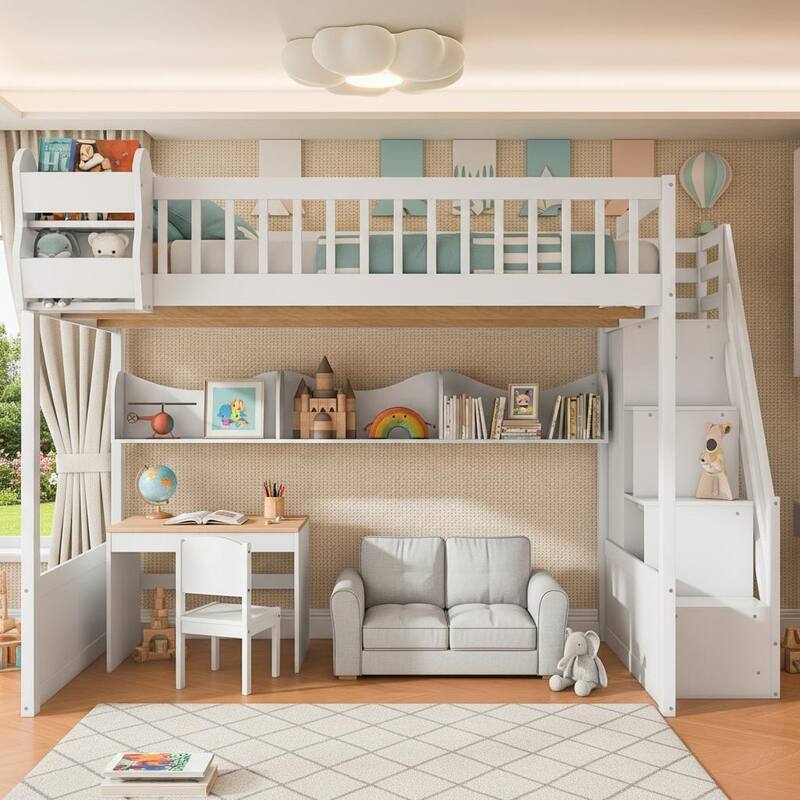 Queen Wooden Loft Bed with Storage Staircase, Wardrobe & Shelving by Harper&Bright Designs
