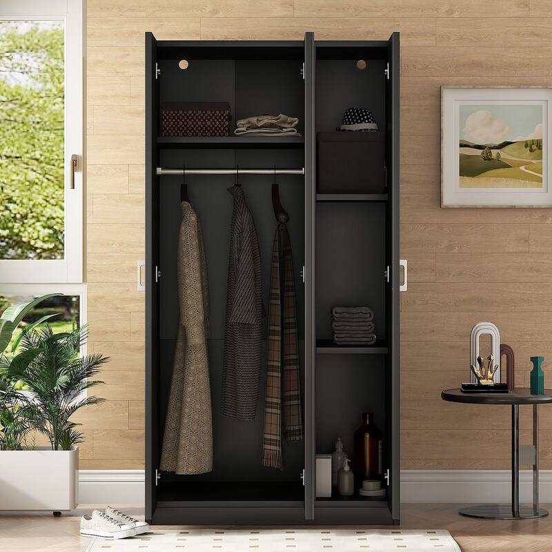 Modern 3 Door Wardrobe with Mirror, 3 Drawers, Hanging Rod - N/A