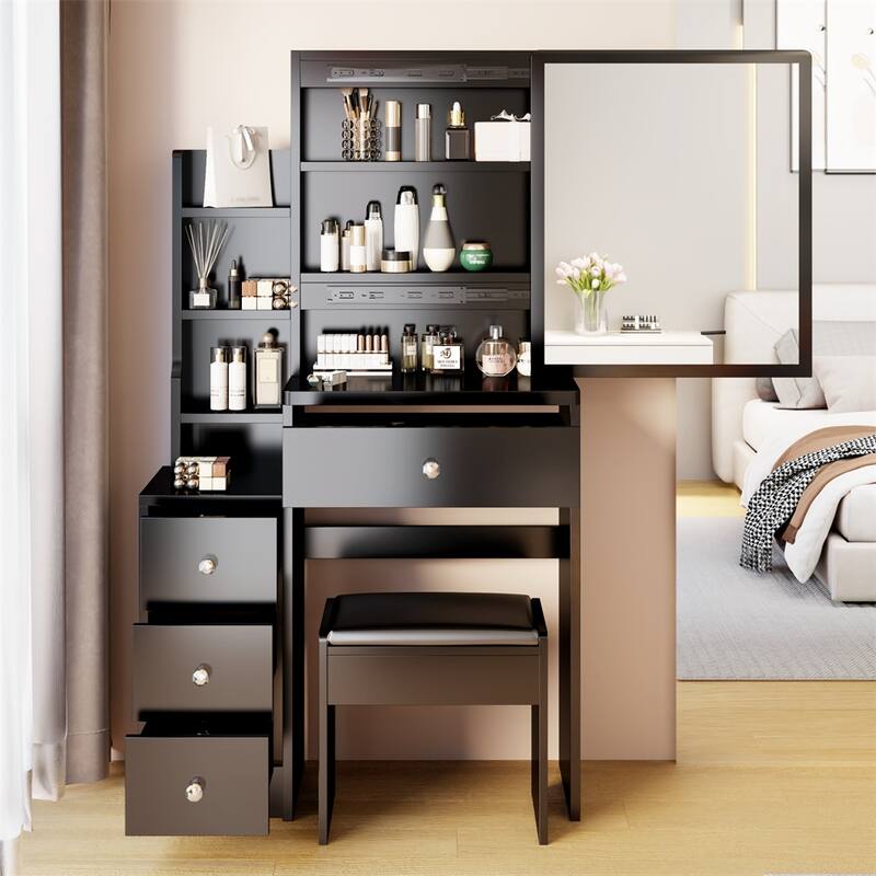High Capacity Vanity Table with Cushioned Stool and Sliding Mirror