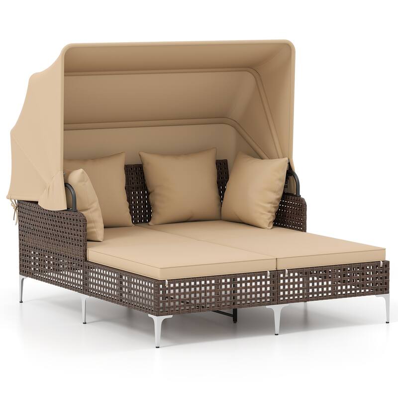 Gymax Outdoor Daybed w/ Retractable Canopy PE Wicker Rattan Patio - Brown