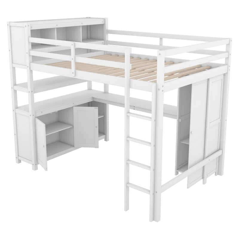 Full Size Pine Wood Loft Bed with Cabinet, Bookshelf, Wardrobe, and Desk