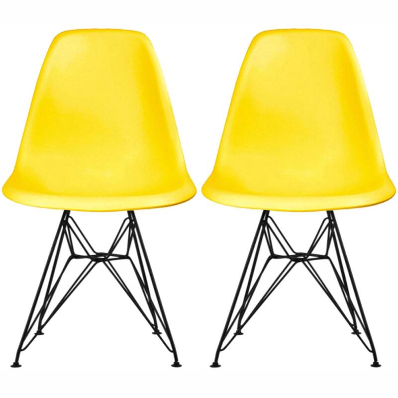 Set of 2 Mid-Century Modern Dining Side Chairs Armless Plastic Shell Seat with Black Metal Wire Eiffel Base, White - Yellow