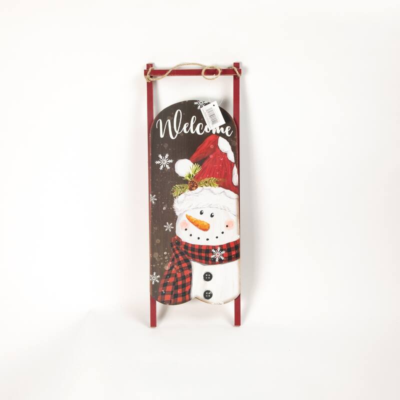 21.75" LED Lighted 'Welcome' Snowman Sled Christmas Wall Sign