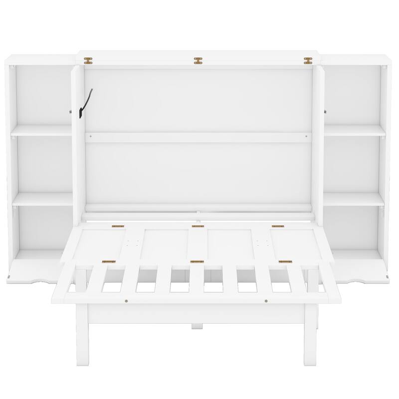 Space-Saving Queen Murphy Bed with Shelves, Drawers & USB Ports in White