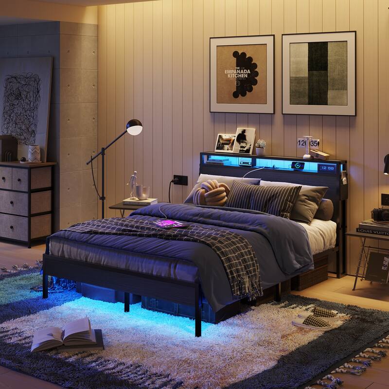 Metal Bed Frame Platform Bed with Storage Headboard LED Lights and Charging Station