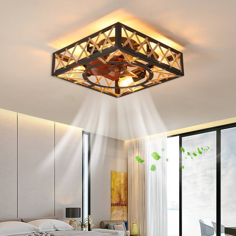 Square Caged Ceiling Fan Light with 3-Speed Adjustable Fan Speed & Remote Control, Reversible Motor Flush Mount Ceiling Fan