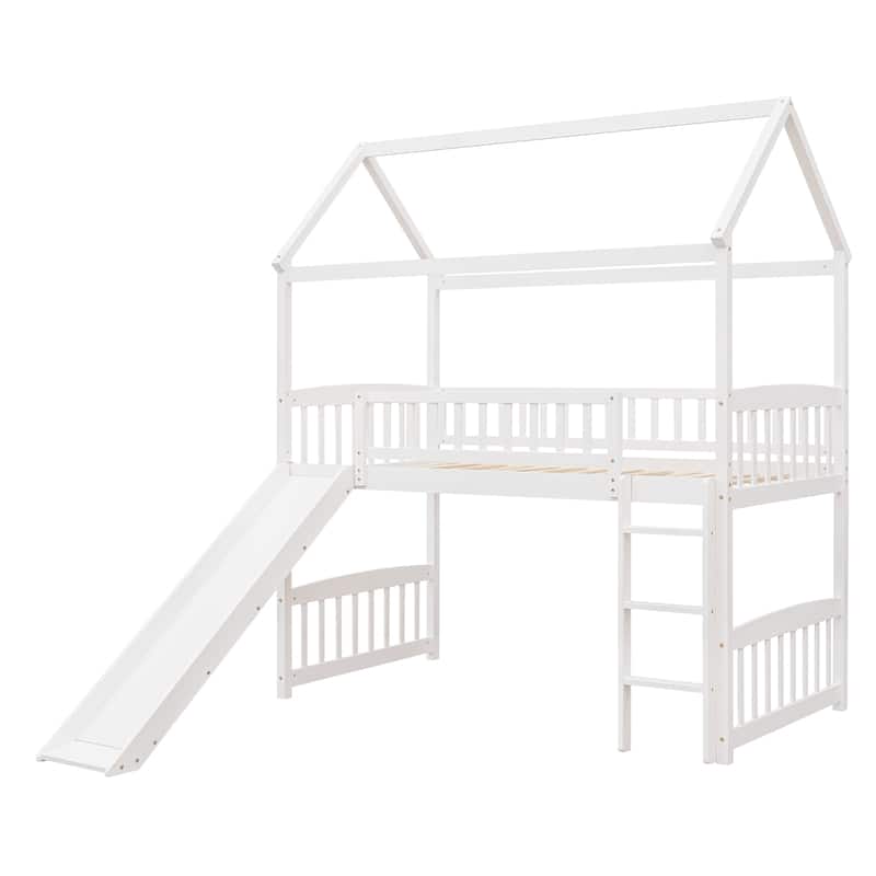Twin Size Loft Bed with Slide, Playhouse Style, High Guardrails, and Storage Space, Perfect for Children's Rooms