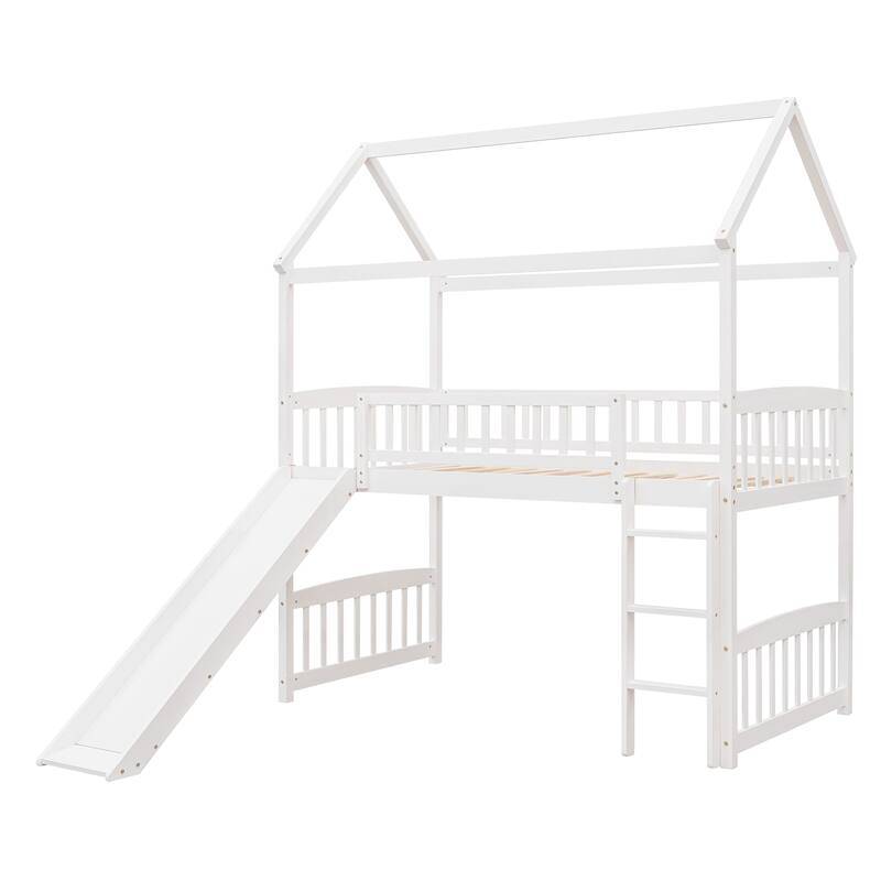 White Twin Loft Bed with Slide and House Design, Space-Saving Kids Furniture