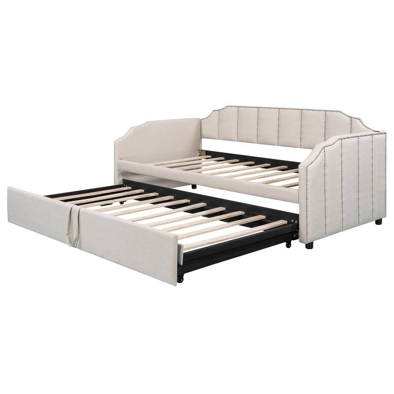 Twin Size Upholstered Daybed with Pop-Up Trundle & USB Charging Ports