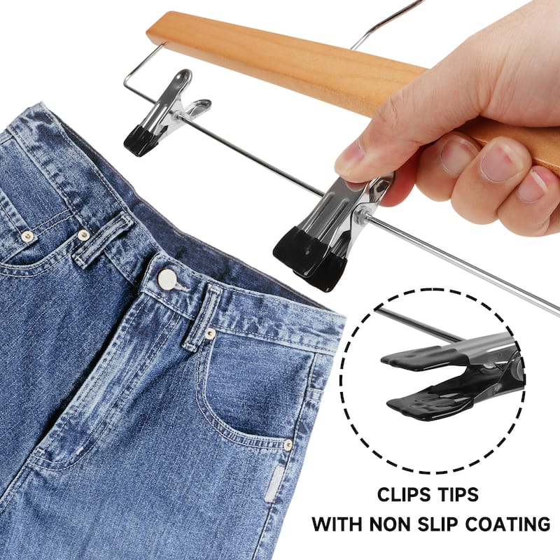 BP4U Premium Wooden Pants Hangers with Adjustable Clips, Solid Wood Skirt Hangers for Jeans, Slacks, Dresses