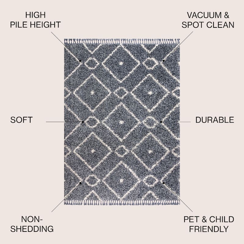 JONATHAN Y Modern Shag Plush Tassel Moroccan Diamond Area Rug - 5 X 8 - Denim Blue/Cream